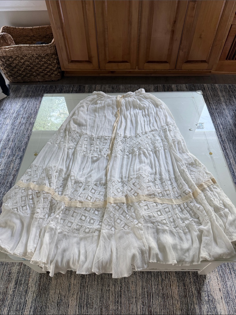 Free People Cream-Trimmed White Lace Tiered Maxi Skirt